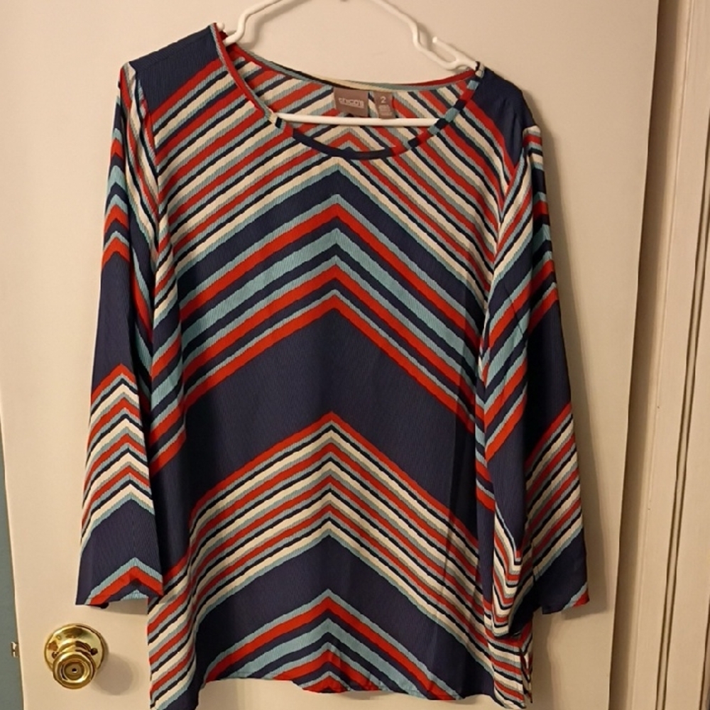 Chico's Chevron Striped‎ Blouse 3/4 Sleeve - Navy, Red, White Size 2